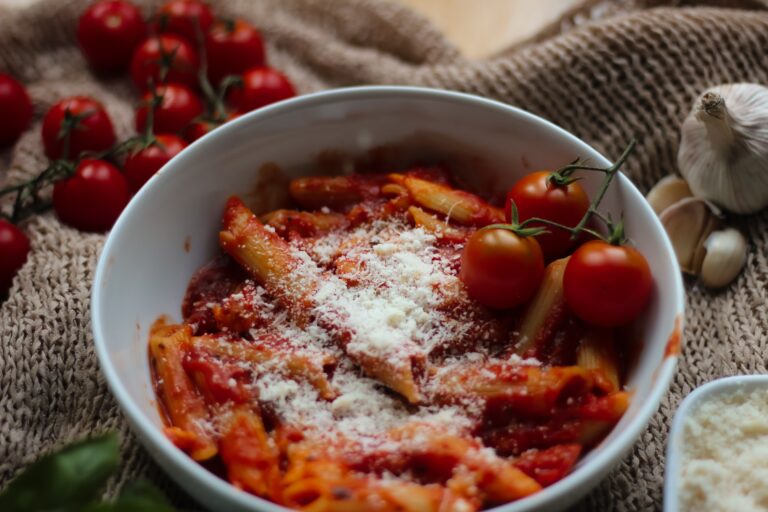 Pasta in a rich tomato cream sauce with parmesan